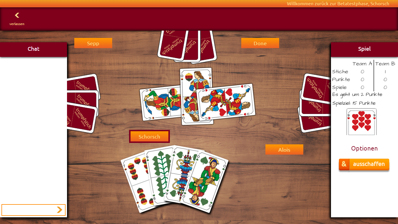 Spielsituation im 4-Spieler Modus Online Watten Screenshot